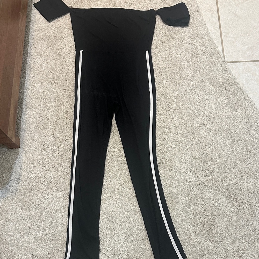 Off-Shoulder Black Jumpsuit with White Side Stripes